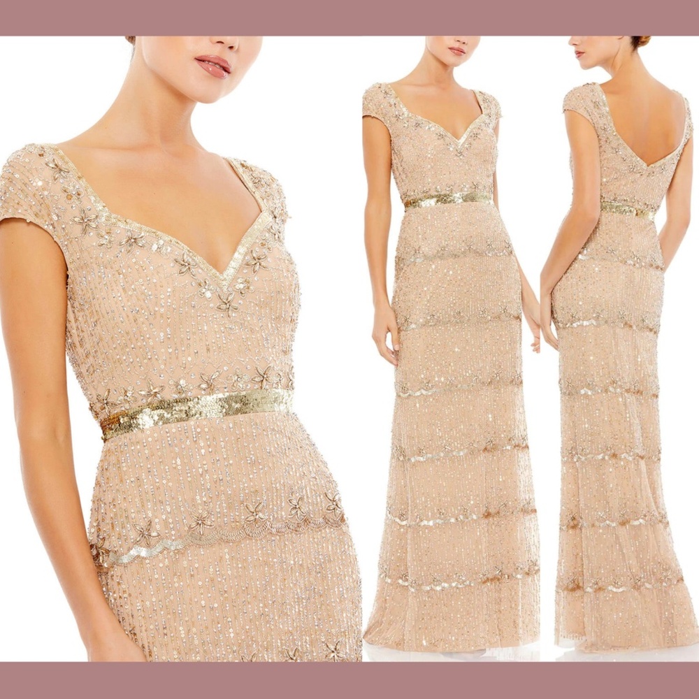 NEW $598 Mac Duggal [ 6 ] Cap Sleeve‎ Embellished Column Gown in Nude Gold